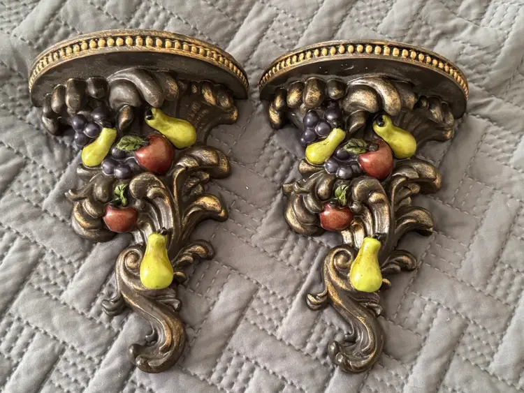Vintage Set Of 2 Fruit Motif Wall Plaque Shelves Tuscan Old World Style