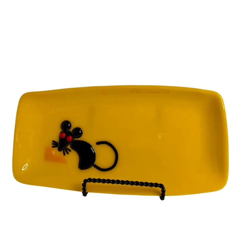 Rectangular Pressed Glass Serving Tray/Shelf Art Bright Yellow With A Mouse And A Slice Of Cheese Signed KL•READ
3/4” H x 9-3/4” L x 4-7/8” W