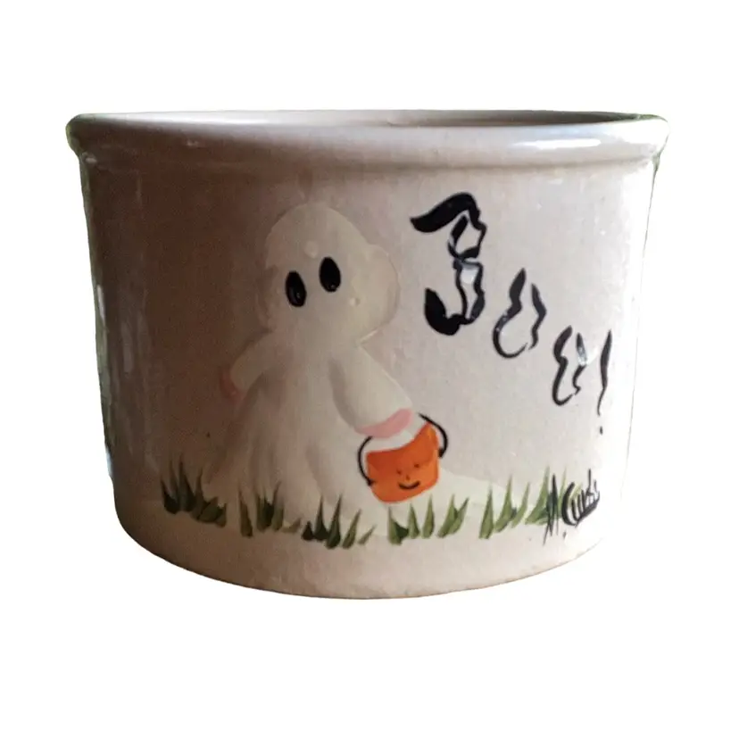 Roseville Ohio 1 Pint Low Jar With Handpainted Halloween Ghost Boo! By M. Curtis
