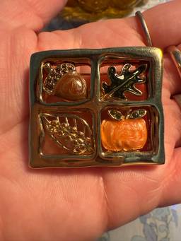 Fall Pumpkin Lead Acorn Enamel & Rhinestone Four Square Vintage Brooch