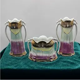Set Of 3 Hand Painted Gilded German Porcelain Double Handled Small Vases