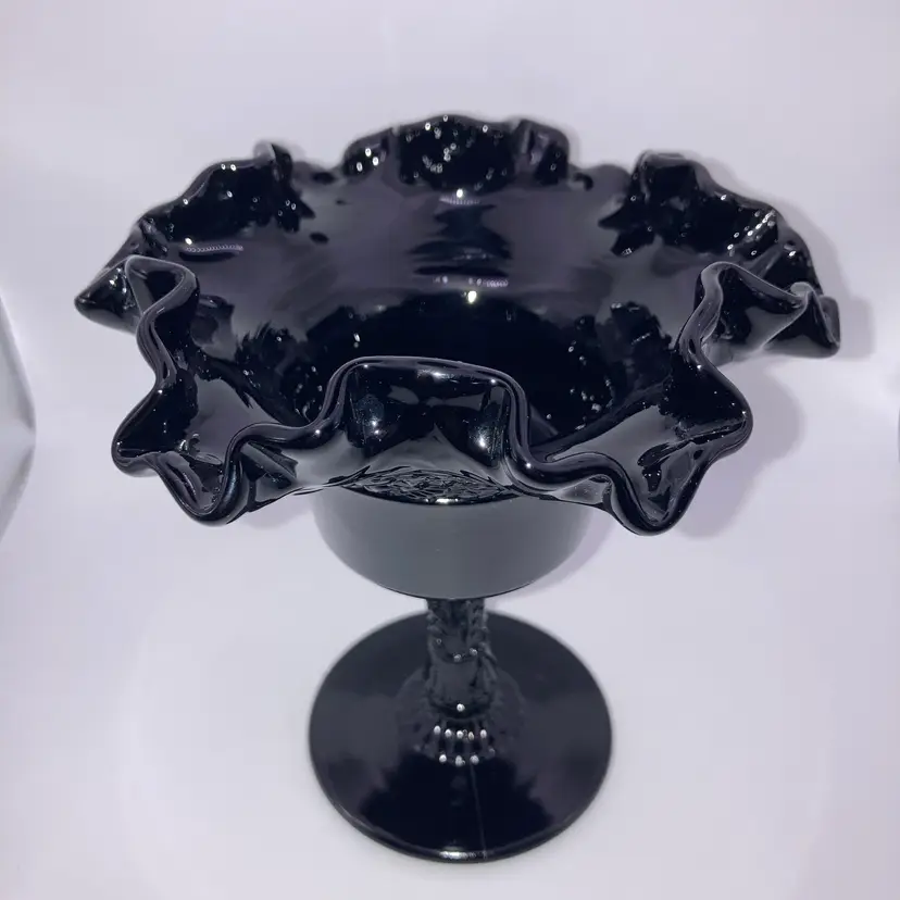 Vintage Fenton Lily of the Valley Black Amethyst Pedestal Glass Compote! Fenton Embossed! 5 1/2” Tall 5 1/2” Wide!
