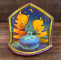 Vintage Terri Kern Ceramic Tea Light Votive Candle Holder Striped Cats Signed