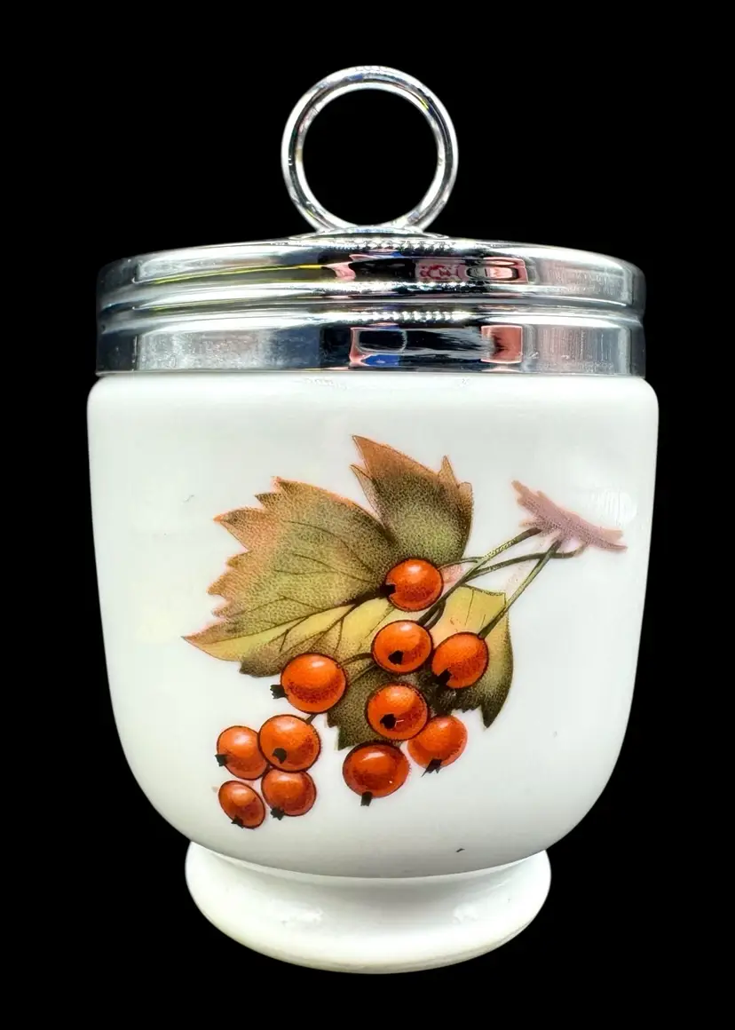 Vintage Royal Worcester Porcelain Egg Coddler Evesham Plum Currants Fruit 4”