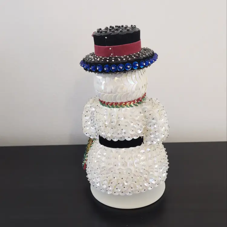 Vintage Handcrafted Christmas Sequins Beaded Snowman Music-Box Push Pin 6.5”