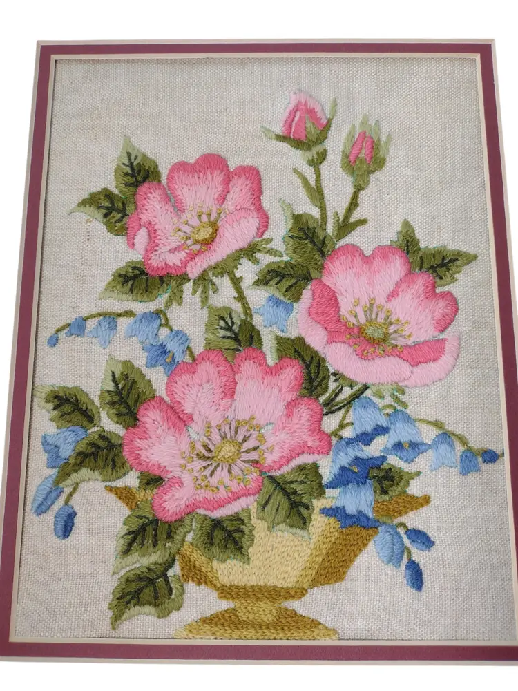 Vintage Floral Crewel Embroidery Matted Unframed 11" x 14" Handmade Cottage