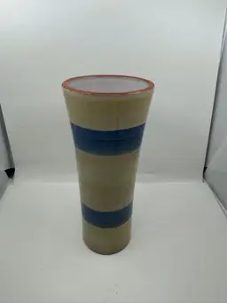 Portuguese ceramic art pottery vase with tan and blue bands