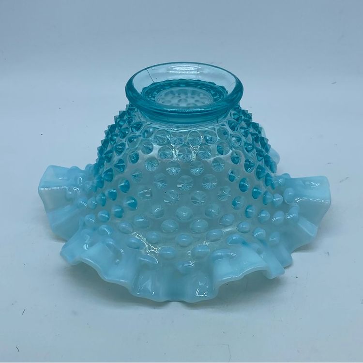 #0222 Fenton blue opalescent hobnail ruffled glass bowl 6.5” x 3”