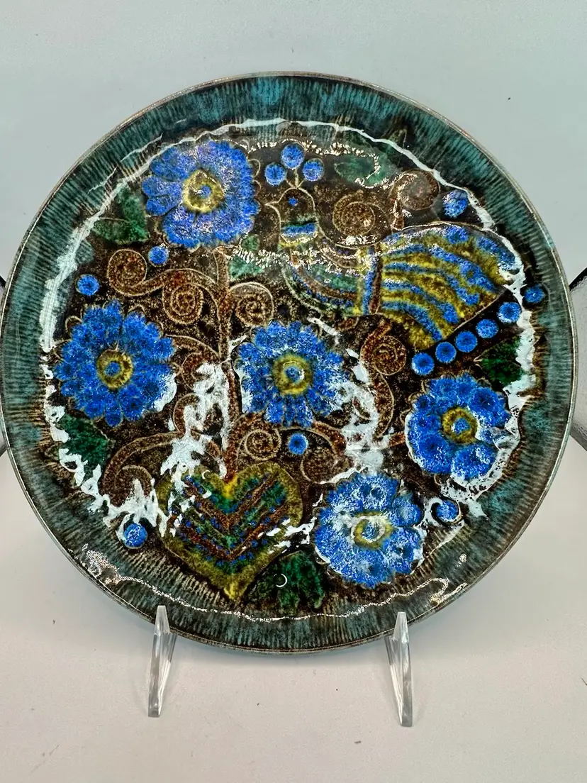 VTG Marjatta Taburet H B Quimper Hand painted Round Plate 9.25” Bird 1961* Majolica Style