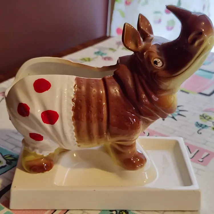 Vintage Rhinoceros Dresser Caddy | Baby Rhino in Spotted Bloomers | Fun & Kitschy Wallet Valet | 1960s Made in Japan