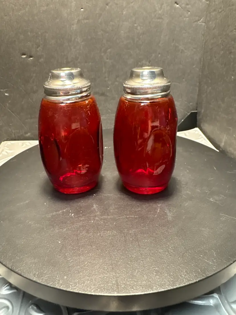 Vintage Airko Red Dimpled Glass Salt And Pepper