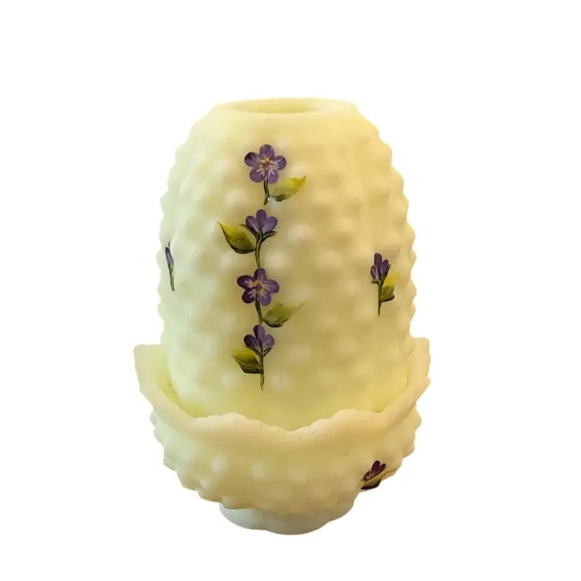 Fenton 2-piece Uranium Custard Hobnail Fairy Light HP By Lisa VanEs 4 1/2” X 3” Glows