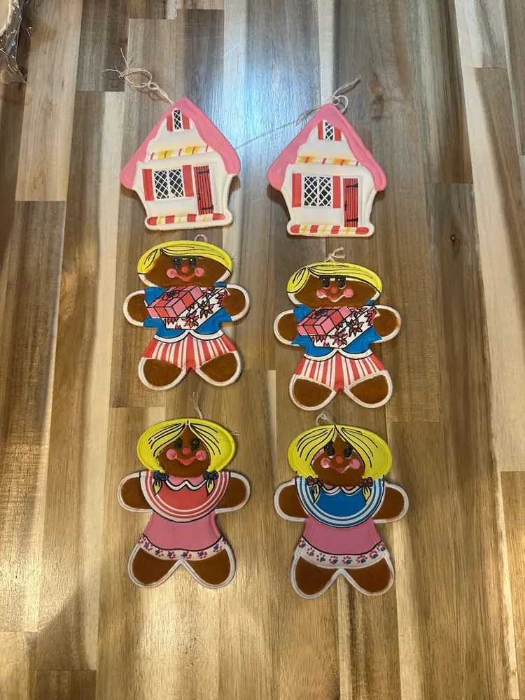 Set Of 6 Gingerbread Vinyl And Felt Christmas Ornaments
