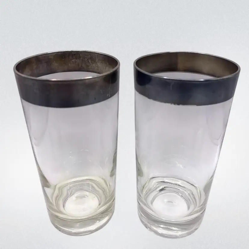 2 Vintage Mid Century Dorothy Thorpe Silver Band Highball Tumbler Glasses