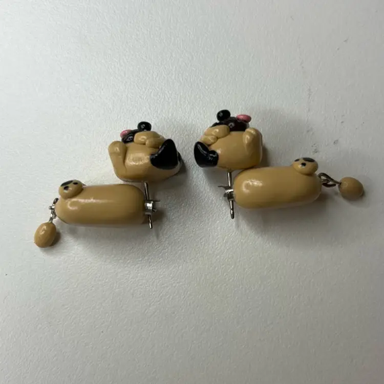 Adorable Pug Earrings, Two Parts, 1 1/4” Long Including Dangling Tail. Made With Polymer Clay