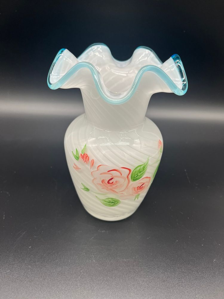 Vintage Fenton Hand-Painted Optic Swirl Opalescent Vase with Ruffled Blue Crest