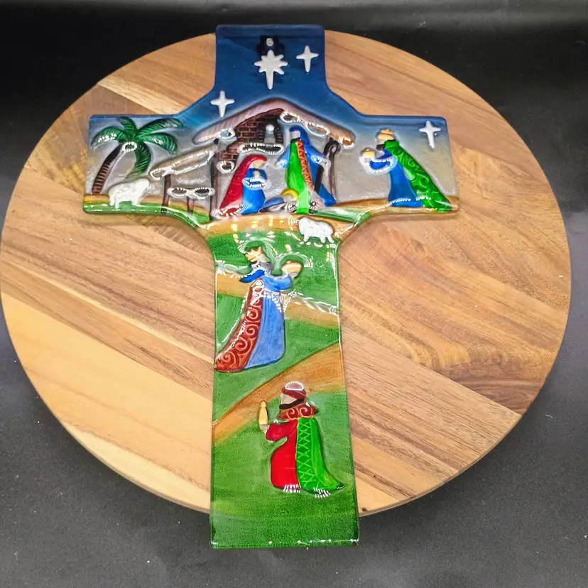 Reverse Painted Glass Cross Christmas Nativity Suncatcher Wall Hanging