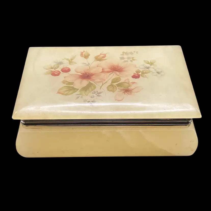 Alabaster Hand Painted Floral Rectangular Trinket Box Made in Italy