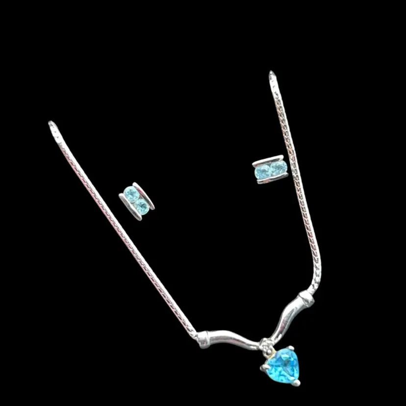 Promise * Italy 9K White Gold Blue Topaz Necklace & Stud Earrings Set – 16” Heart Pendant