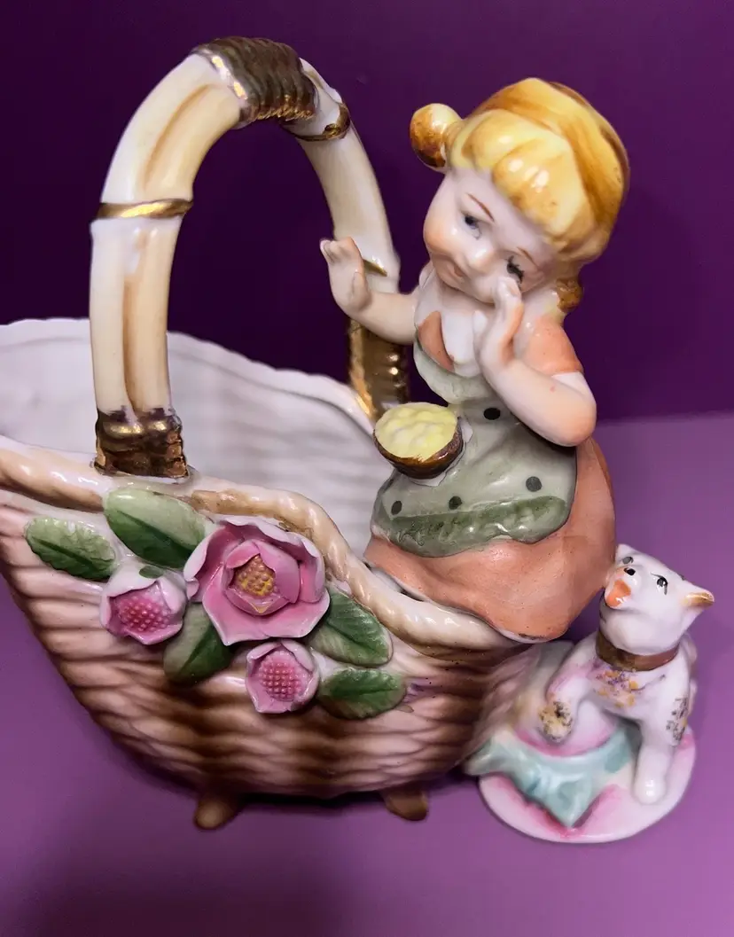 Vintage Ucagco Porcelain Planter Basket Figurine Girl With Dog In Basket