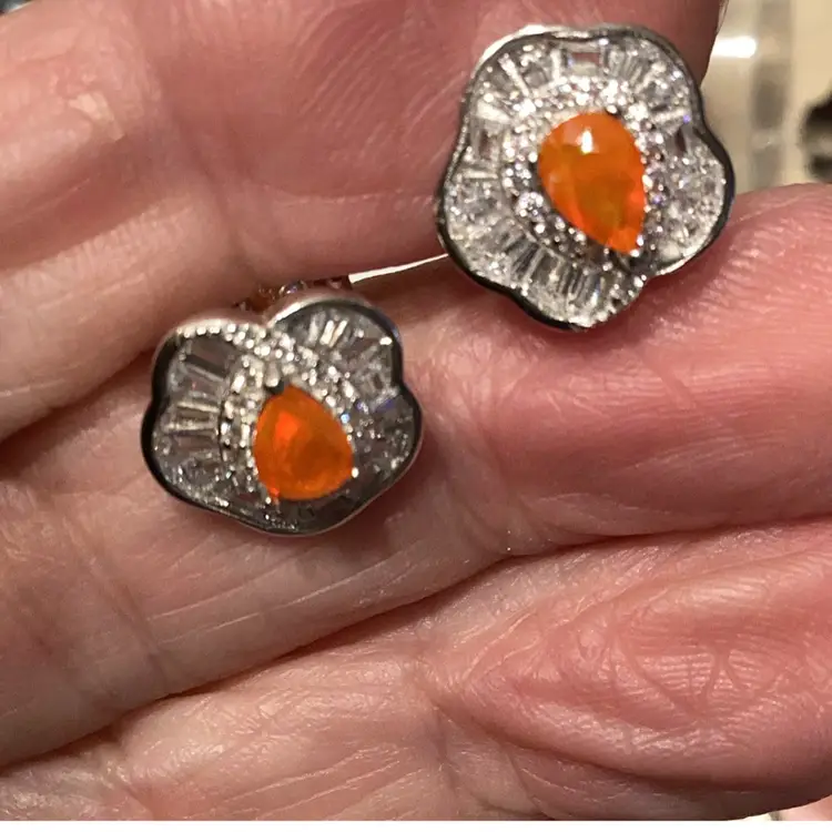 925 Sterling Silver Earrings Orange Opal 6 X 4mm Natural Gemstone Pierced