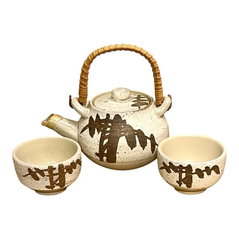 Vintage OMC Otagirl Japan Pottery 4 Piece Tea Set Rattan Handle Stoneware EUC