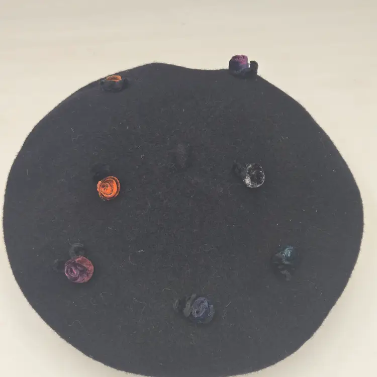 Vintage Daniele Meucci Italy Black Wool Berret Florence Velvet Rosettes Chic HTF