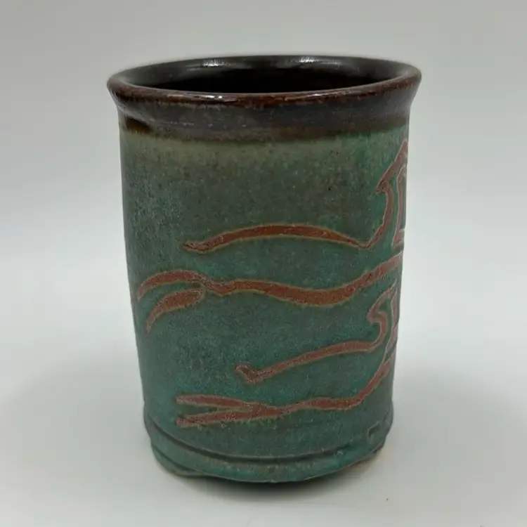 Hand Made Pottery Vessel Beautiful Teal Green With Some Very Wax Resist Art Work Has A Makers Mark Foster  Very Well Made
