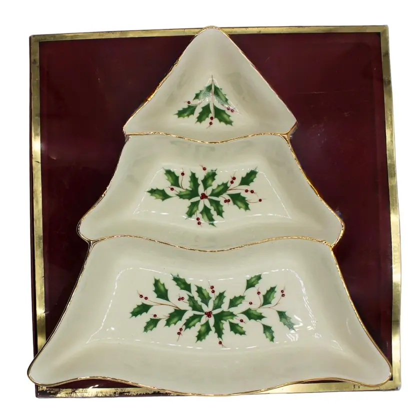 Vintage Lenox Holiday Tree Divided Serving Dish Creamy White with Holly Berries