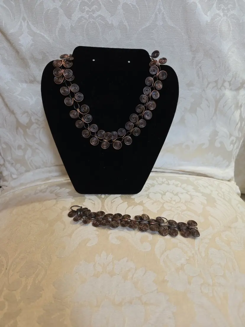 Vintage Artisan Made Copper Wire Necklace and Bracelet Egyptian Spiral Design
