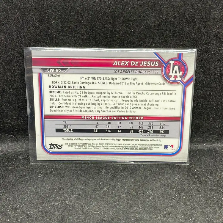 Alex De Jesus 2022 Bowman Chrome Refractor Auto /499 Los Angeles Dodgers