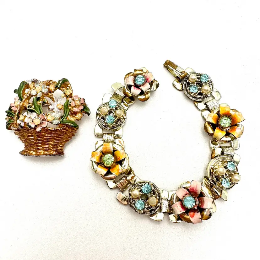 Floral Bracelet Brooch Gold Tone Enamel Rhinestones Bridgerton Inspired Jewelry Lot