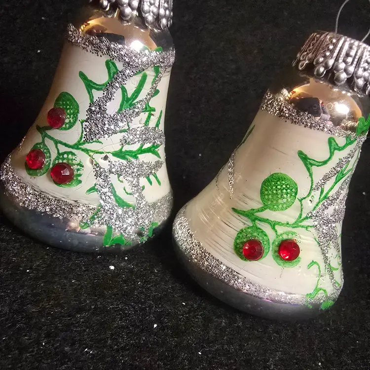 Pair Vintage West Germany Glass Bell Ornaments w/ Glitter & Red Crystals