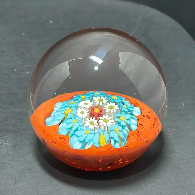 3” Murano Glass Orange And Tiffany Blue Color Millefiori Paperweight **READ**.                   OC2
