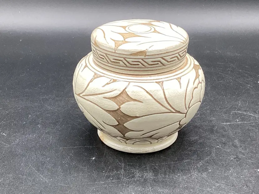 Hand Made Slip Decorated Pottery Jar With Lid, 3x3.5”