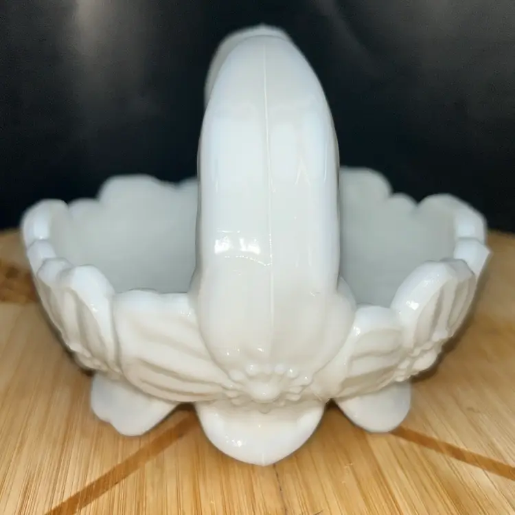 Vintage MCM Westmoreland Milk Glass Split Handle Basket Dish-Dogwood Pattern