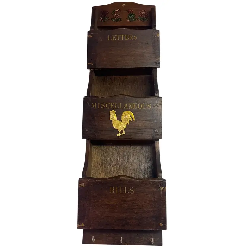 Wall Hanging Wood Pocket Letter Organizer with Rooster, Flower & Butterfly Detail 20”x5”