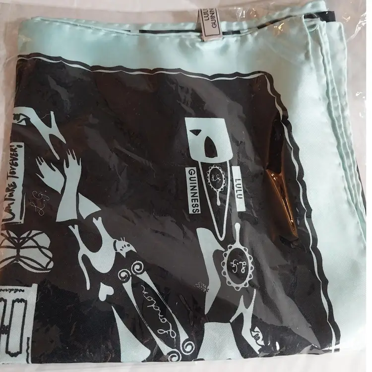 Vintage RARE, NIP LULU GUINNESS Turquoise and Black Square  Silk Scarf, 35x35 in.