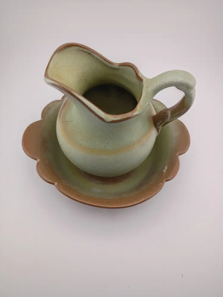 Frankoma Prairie Green pottery pitcher and bowl