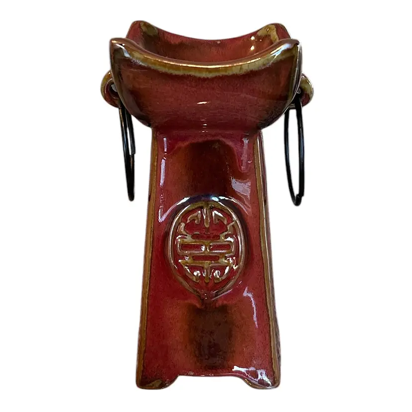 Red Ceramic Asian Themed Candle Holder with Black Metal Rings