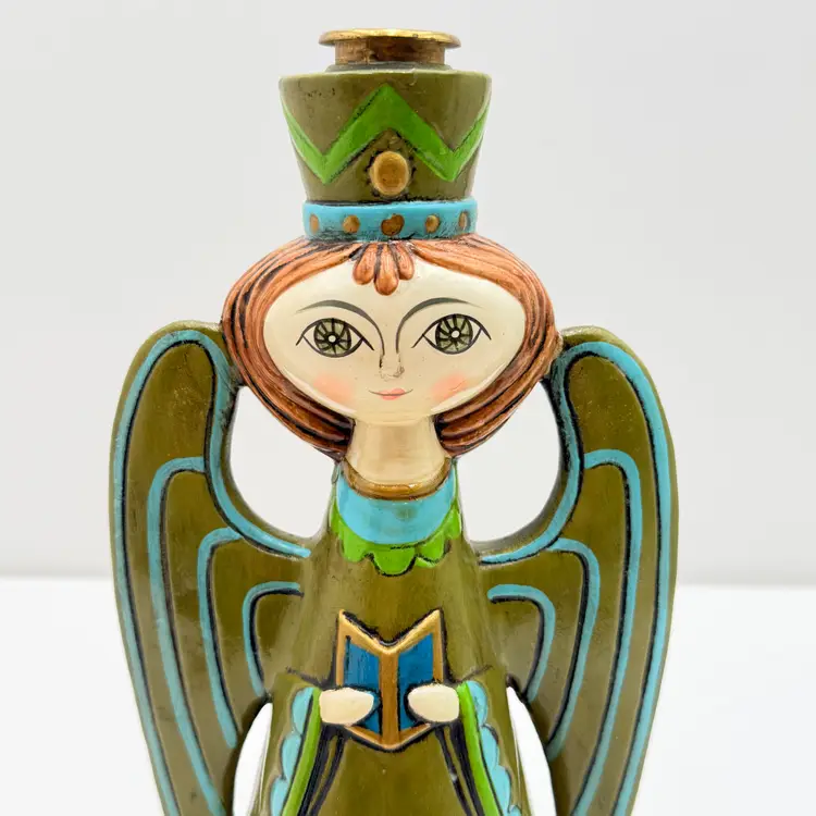Paper Mache Mid Century Green and Blue Angel Candle Holder