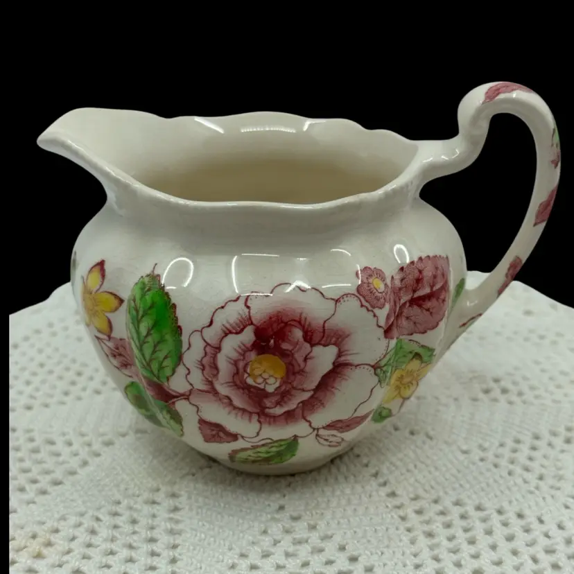 Vintage Johnson Brothers 'English Bouquet' ceramic creamer with floral decoration. Crazing.