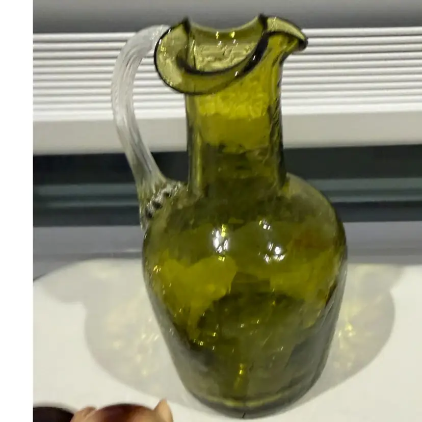 Small Hand Blown Crackle Glass Pitcher Creamer GREEN 4 1/2”