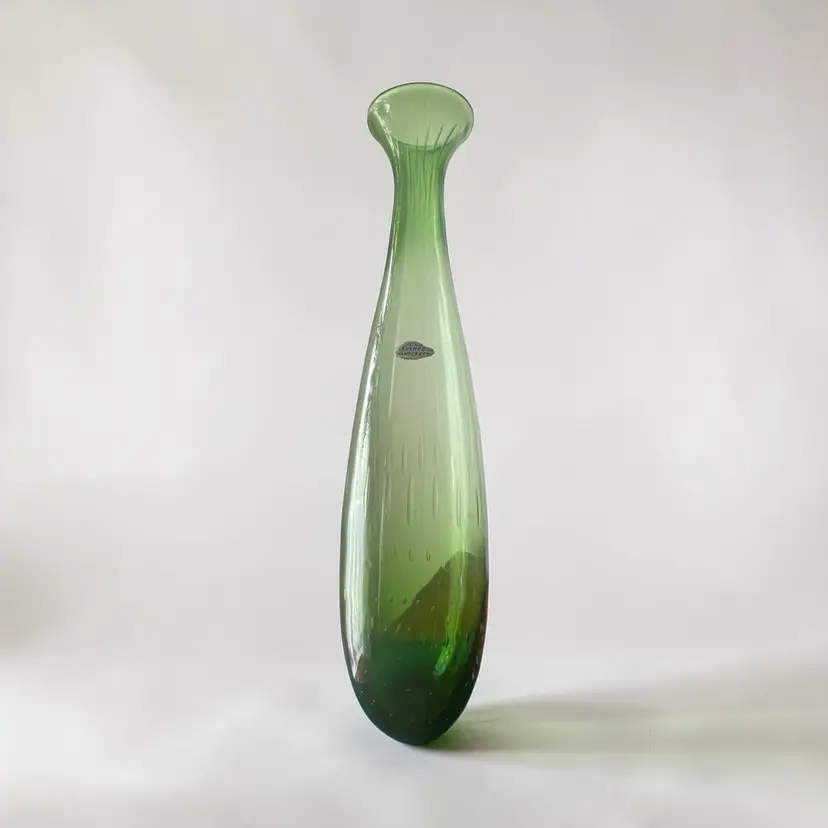 Blenko Green 21.75” Hand Craft Label Mid Century Art Glass HTF Swung Vase Vessel