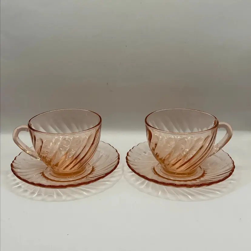 Set of 2 Pink Glass Swirl Teacups and Saucers Arcoroc France