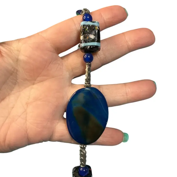 Genuine Blue Gemstone & Fused Art Glass Bead Necklace 28” KK12