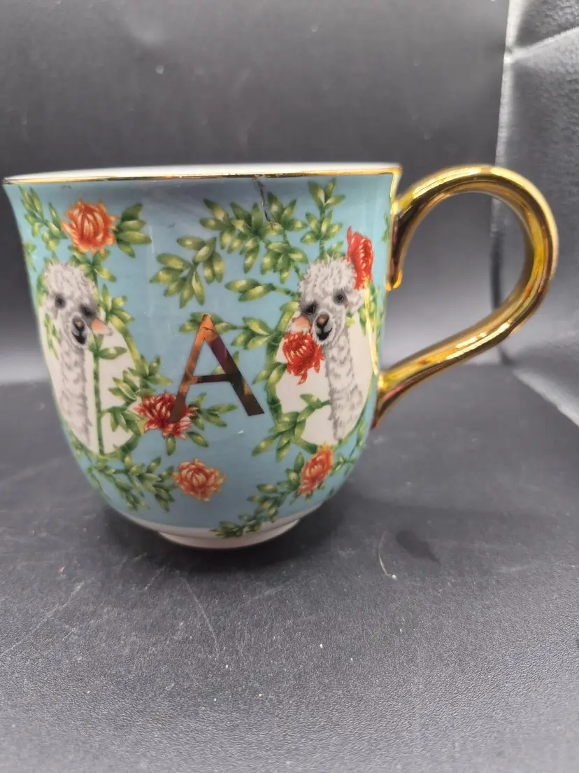 Anthropologie Lisa Kota Initial A Llama Mug With Gold Handle Floral Design