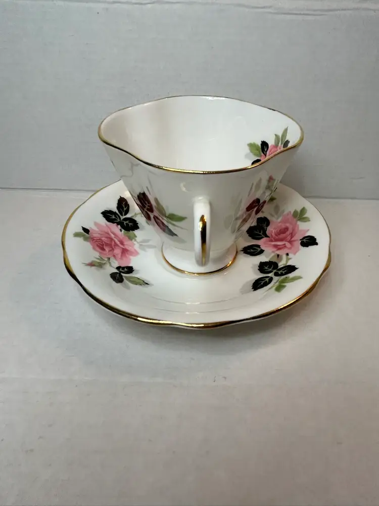 Clarence Bone China Flared Teacup & Saucer Pink Roses &! Black Leaves Gold Trim