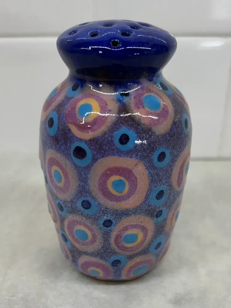 San Pedro Pottery Redware, Hand Painted Shaker Blue & Pink Circles