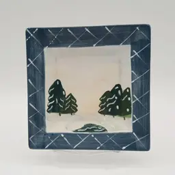 Winter Trees Small Square Plate Blue Border Elizabeth Munro for Montage by Giftcraft